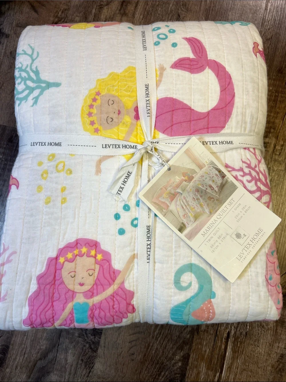 Levtex Mermaid Quilted Coverlet in White with Pink, Yellow & Teal